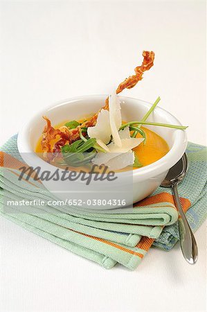 Cream of sweet potato and orange lentil soup with grilled pancette and parmesan Cream of sweet potato and orange lentil soup with grilled pancette and parmesan