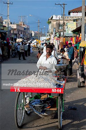 Inde, Mysore. Un homme vend l'ail dans une rue très fréquentée de Mysore.