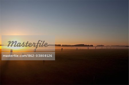 Neuseeland, Südinsel. Sonnenuntergang über einem nebligen Feld während des Winters im Flachland südlich von Christchurch Canturbury