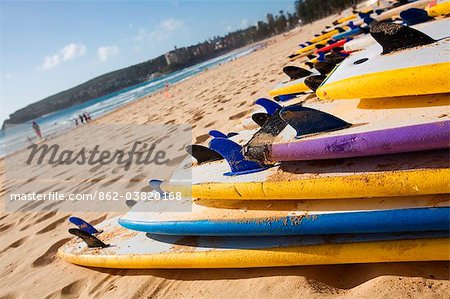 Australia, New South Wales, Sydney. Surfboards on the beach at Manly.