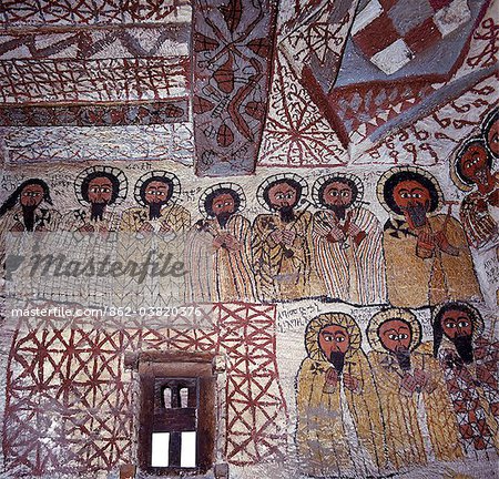 Fine murals decorate the interior of the rock hewn church of Yohannes Maequddi, a two hour walk from Degum on a plateau of the Gheralta Mountains east of Debretsion.The spacious rectangular interior is best known for its ancient, well-preserved murals and paintings. Fine murals decorate the interior of the rock hewn church of Yohannes Maequddi, a two hour walk from Degum on a plateau of the Gheralta Mountains east of Debretsion.The spacious rectangular interior is best known for its ancient, well-preserved murals and paintings.