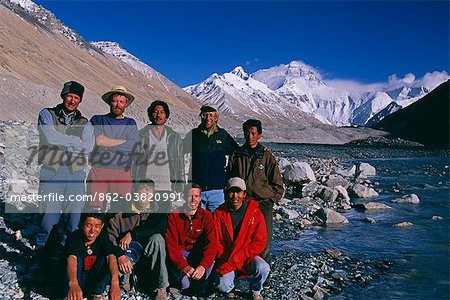 Tibet, Chomolungma, Rongbuk.Geology expedition team.Geology expedition members on the moraines of the Rongbuk Valley below Mount Everest, known locally as Chomolungma.