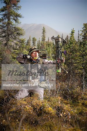 Hunter bow mâle vise avec un arc à poulie lors de la chasse à l'arc dans une forêt d'épinettes noires dans le lac Eklutna zone, les montagnes Chugach, Chugach State Park, Centre-Sud Alaska, automne