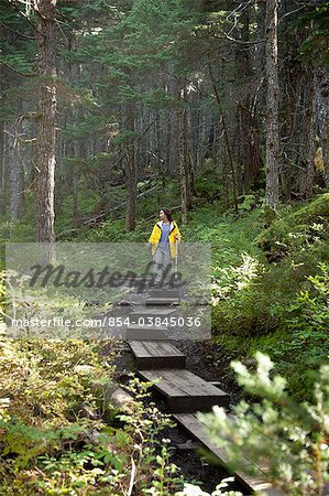 Femme de randonnée sur un sentier de promenade le long du sentier du ruisseau gagnant dans une forêt tropicale boréale épinette et la pruche de l'ouest près de Girdwood, forêt nationale de Chugach, centre-sud de l'Alaska, automne