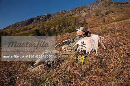 Male moose hunter rests on a sunny mountainside with his trophy moose antler rack in the Bird Creek drainage area, Chugach Mountains, Chugach National Forest, Southcentral Alaska, Autumn