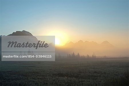 Brume matinale pèse sur le sol près de la route de la rivière Copper comme le lever du soleil sur les montagnes Chugach, forêt nationale de Chugach, centre-sud de l'Alaska, printemps. HDR