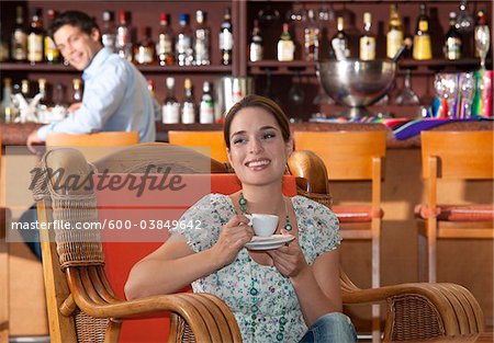 Woman Drinking Espresso, Reef Playacar Resort and Spa Hotel, Playa del Carmen, Quintana Roo, Yucatan Peninsula, Mexico