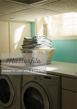 Folded Laundry in Basket in Laundry Room