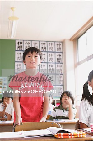 Japanese Schoolboy Answering In Classroom