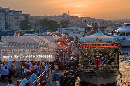 Traditional boats cooking and selling food, Eminonu, Galeta bridge, Istanbul, Turkey, Europe