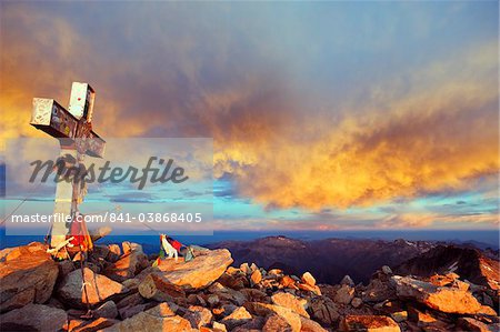 View at sunrise from Pico de Aneto, at 3404m the highest peak in the Pyrenees, Spain, Europe