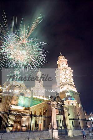 Firework display over the Cathedral, Morelia, UNESCO World Heritage Site, Michoacan state, Mexico, North America