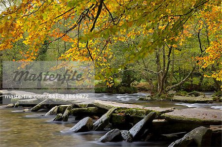 Prehistoric Clapper bridge, Tarr Steps in Exmoor National Park, Somerset, England, United Kingdom, Europe