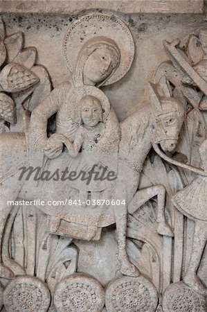 Romanesque bas-relief of the Flight into Egypt, capital of  Saint-Lazare Cathedral, Autun, Saone et Loire, Burgundy, France, Europe