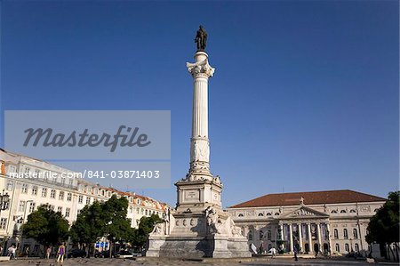 The memorial to King Dom Pedro IV stands in front of the National Theatre on Praca Dom Pedro IV at Rossio, Lisbon, Portugal, Europe