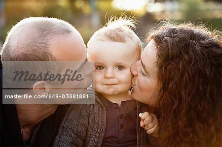 Parents kissing baby's cheeks outdoors