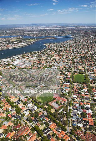 Aerial view of suburbs and Swan River, Perth, Western Australia, Australia