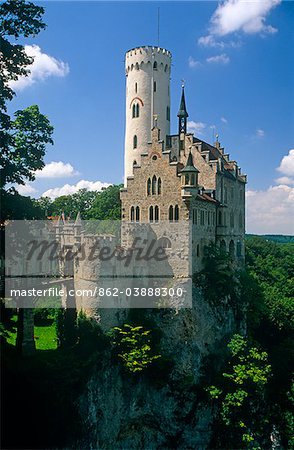 Germany, Baden-Wurttemberg, Swabia, Lichtenstein. Built in the 1840s by Count Willhelm, 1st Duke of Urach, Lichtenstein Castle's neo-gothic design was never intended as a serious fortification but rather a romantic folly.