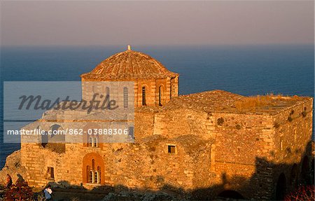 Greece, Peloponnese, Laconia, Monemvasia. The 13th-century Church of Ayia Sofia is the only intact structure in the Upper Town of Monemvasia, an ancient coastal fortress city once ruled by the Byzantine and Venetian empires.