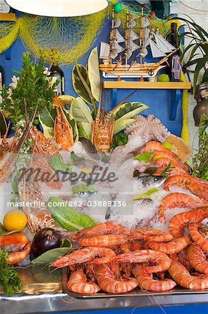 Fish and seafood in a tavern in Rethymnon, Crete, Greece