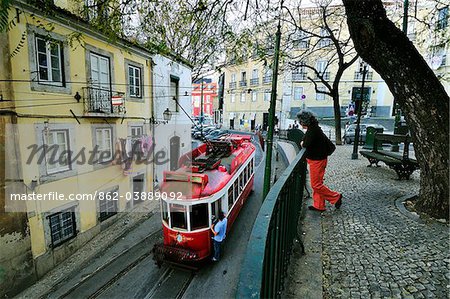 Tramway in Alfama quarter, Lisbon, Portugal