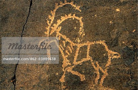 Saudi Arabien, Najran, Bir Hima. Eine der wichtigsten Felsen-Kunst-Sites des Landes ist RAS Bir Hima wo Hunderte von Petroglyphen in Klippen und Überhänge eingeschnitten worden sind.