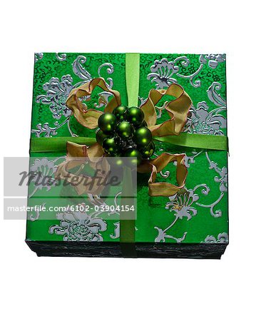 A wrapped gift against a white background.