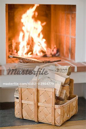 Firewood in front of a fire, Sweden.