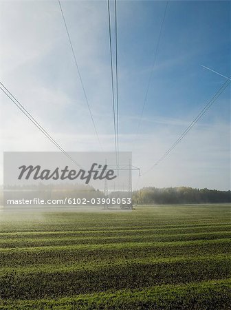 Electric lines above a foggy field, Sweden.