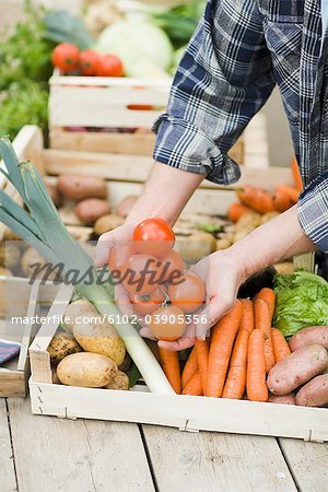 Homme portant une boîte de légumes.