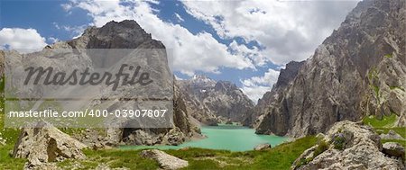 High-mountains loch (altitude about 3500 m). Kyrgyzstan. Two-row panorama of 16 shots.