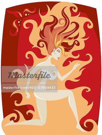 Woman in movement with wildfire hair - on a background of flames