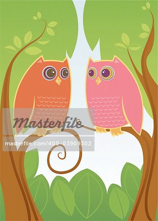 Two colorful owls in love - looking deeply into eachother's HUGE eyes