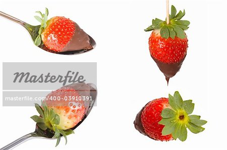 Four pictures off strawberries with chocolate put together