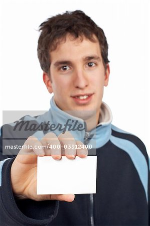 Handsome teenager showing a blank card. Card on focus