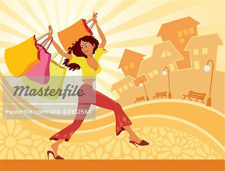 Vector illustration of girl with shopping bags