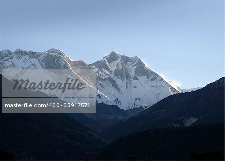 Sunrise over Lhotse, Everest, and Nuptse from Dingboche.