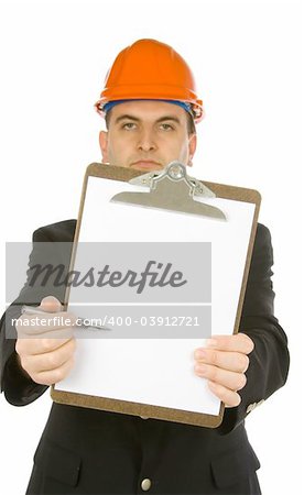 engineer pointing with a pen on a blank paper attached to clipboard