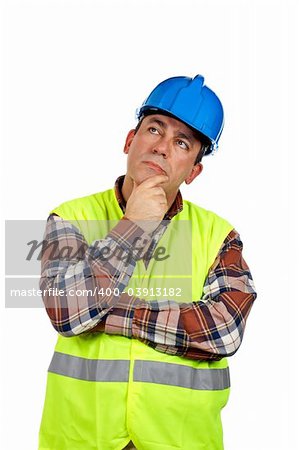Construction worker with green safety vest thinking, over a white background