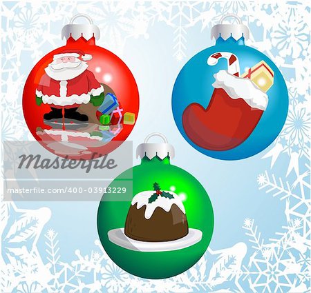 Christmas baubles with pictures of Santa Claus, Christmas stocking, and Christmas pudding reflected or painted on them! Shading by blends, no meshes used.