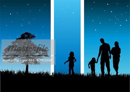 Concept illustration of a family walking on a warm evening.