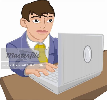 A young man in a suit using a laptop computer.