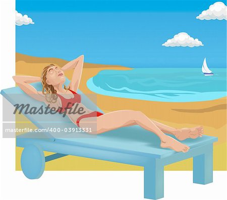 A woman sunbathing on a beach.