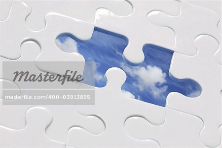 White jigsaw with piece missing and sky Background; CP for missing piece included