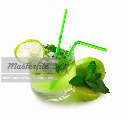 Mojito cocktail & ingredients isolated on white background
