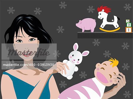 illustration of mom holding baby toys on the wall