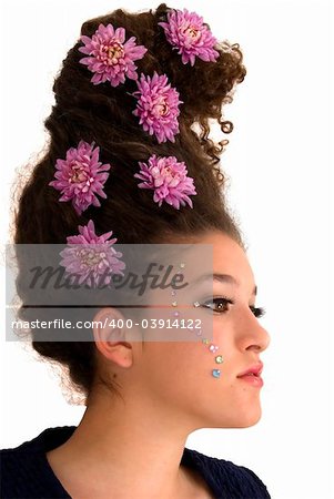 Girl with interesting hairdo with flowers on it