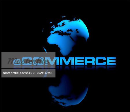 Abstract shiny globe on black background with eCOMMERCE type in front.