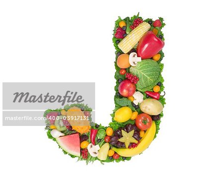 Letter made of fresh fruits and vegetables isolated on white