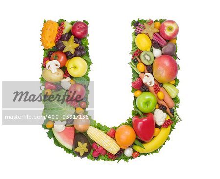 Letter made of fresh fruits and vegetables isolated on white
